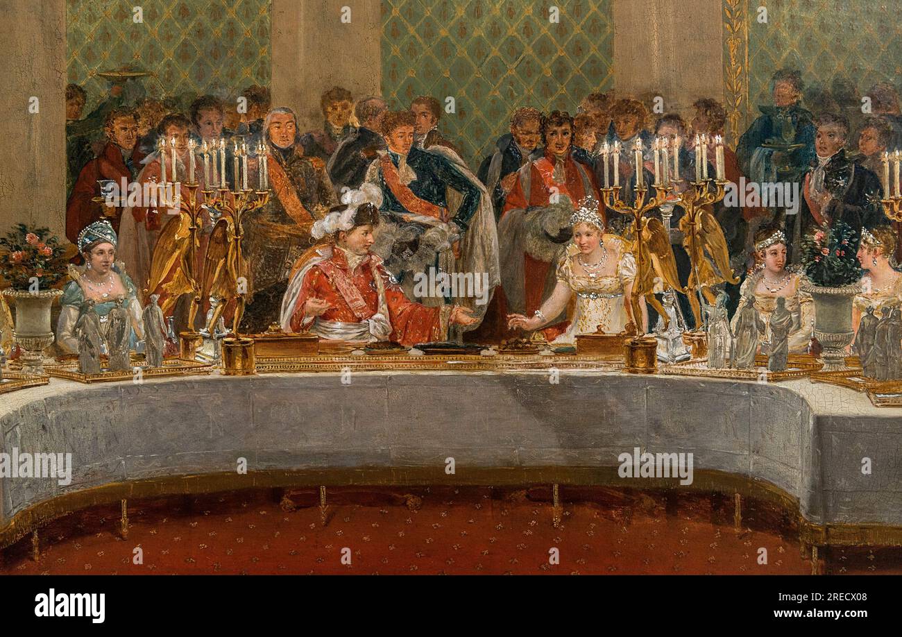 Le banquet pour le mariage de Napoléon Bonaparte (1769-1821) et Marie-Louise de Habsbourg-Lorraine (1791-1847) 1810 - détail de: Festin du mariage de Napoleon Ier et de Marie-Louise donne dans la salle de spectacle du palais des Tuileries, 2 avril 1810 - peinture de Alexandre Benoit Jean Dufay, Casanova (1770-1844) - propriété de l'oeuvre, Musée du Chateau de Versailles, en dépôt, au chateau de Fontainebleau, France Banque D'Images