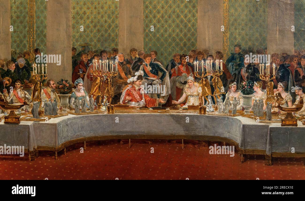Le banquet pour le mariage de Napoléon Bonaparte (1769-1821) et Marie-Louise de Habsbourg-Lorraine (1791-1847) 1810 - détail de: Festin du mariage de Napoleon Ier et de Marie-Louise donne dans la salle de spectacle du palais des Tuileries, 2 avril 1810 - peinture de Alexandre Benoit Jean Dufay, Casanova (1770-1844) - propriété de l'oeuvre, Musée du Chateau de Versailles, en dépôt, au chateau de Fontainebleau, France Banque D'Images