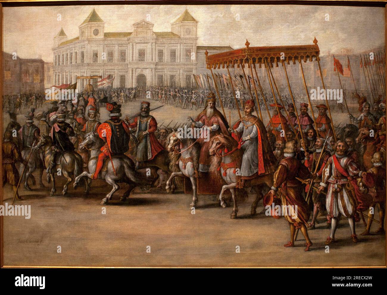 La route du sacre Imperial de Charles Quint (1500-1558) a Bologne (Italie), le 24 fevrier 1530 - peinture de Juan de la Corte (vers 1585-1662), huile sur toile, vers 1635 - Musee de Santa Cruz de Tolède, Espagne Banque D'Images