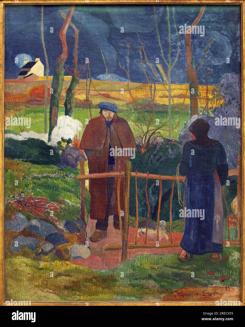 Bonjour, Monsieur Gauguin. Le tableau a ete execute lors d'un séjour a le Pouldu (Finistère), en automne 1889, avec plusieurs autres artistes, Gauguin a decore la salle a manger de Mademoiselle Henry. Cet autoportrait constitue le panneau inférieur de la porte, ce tableau en est une version agrandie et une allusion au tableau de Gustave Courbet (1819-1877), Bonjour Monsieur Courbet (1854). Peinture de Paul Gauguin (1848-1903), huile sur toile, 1889. Art francais, 19e siecle. Palais Veletrzni (palais des foires), Prague (République Tcheque). Banque D'Images
