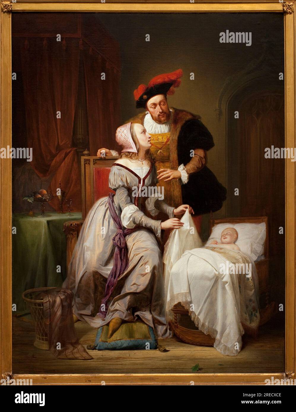 Charles Quint (Charles de Habsbourg, 1500-1558) et sa maitresse Jeanne (Johanna) van der Gheynst (vers 1500-1541) devant le berceau de leur fille Marguerite d'Autriche (Marguerite de Parme, 1522-1586). Peinture de Theodore Canneel (1817-1892), huile sur toile, 1844. Musée des beaux arts de Gand (Belgique). Banque D'Images