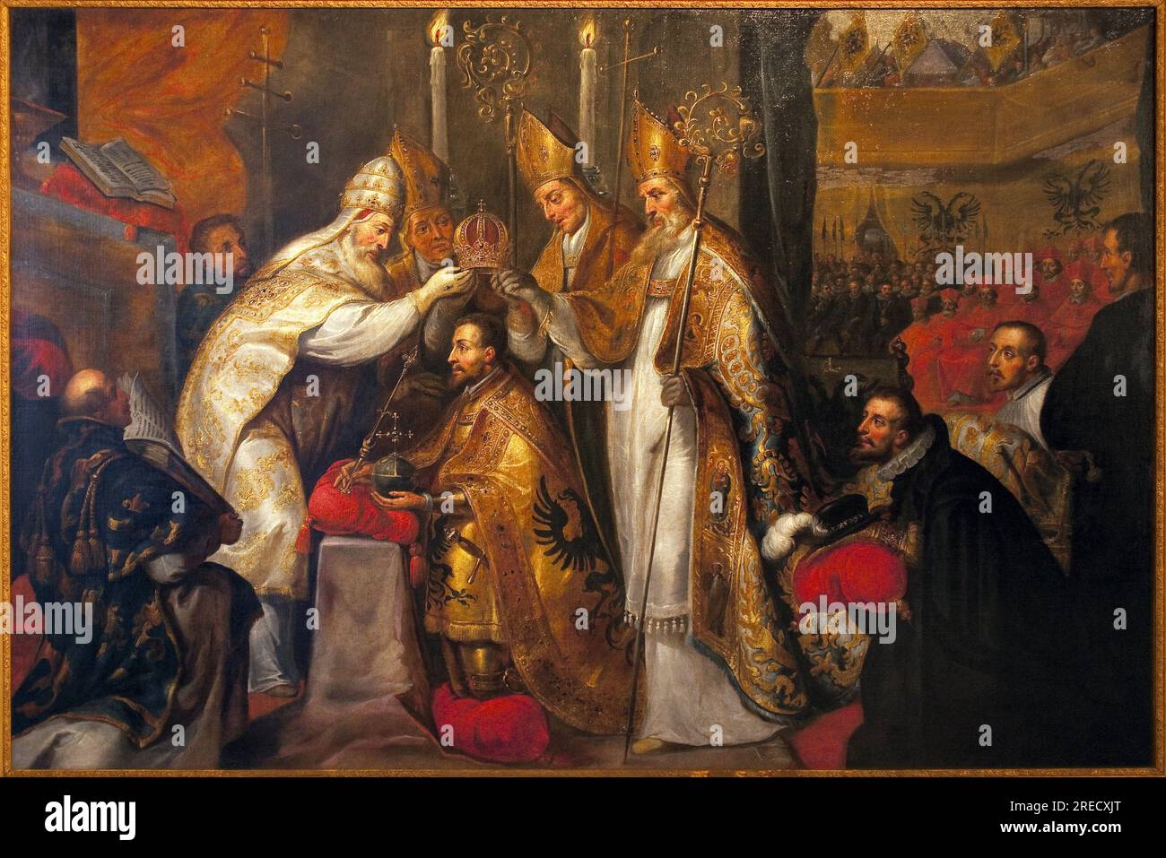 Couronnement de l'empereur Charles Quint (1500-1558) a Bologne par le pape Clément VII (1478-1534) (Jules de Medicis ou Giulio di Giuliano de Medici) le 24 fevrier 1530. Peinture anonyme, d'après Gaspard Crayer (1584-1669), huile sur toile. Musée Ingres, Montauban. Banque D'Images