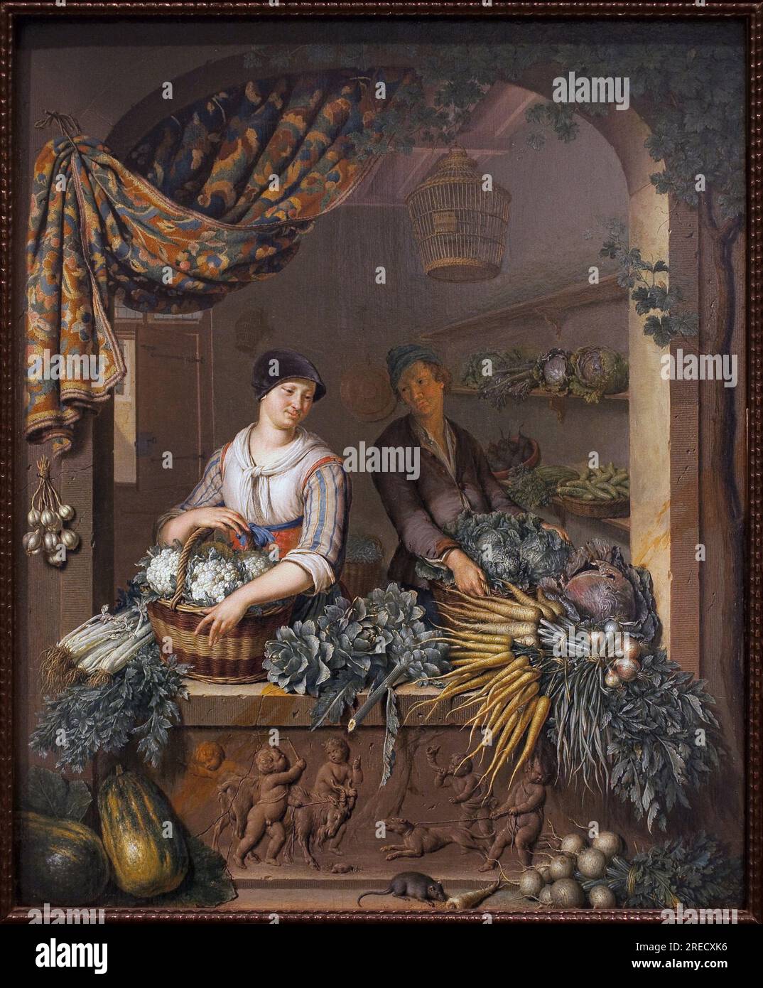 Vendeur de légumineuses. Peinture de Willem van Mieris (1662-1747), huile sur bois, 1730. Art hollandais, 18e siecle. Musée des Beaux Arts de Niort. Banque D'Images
