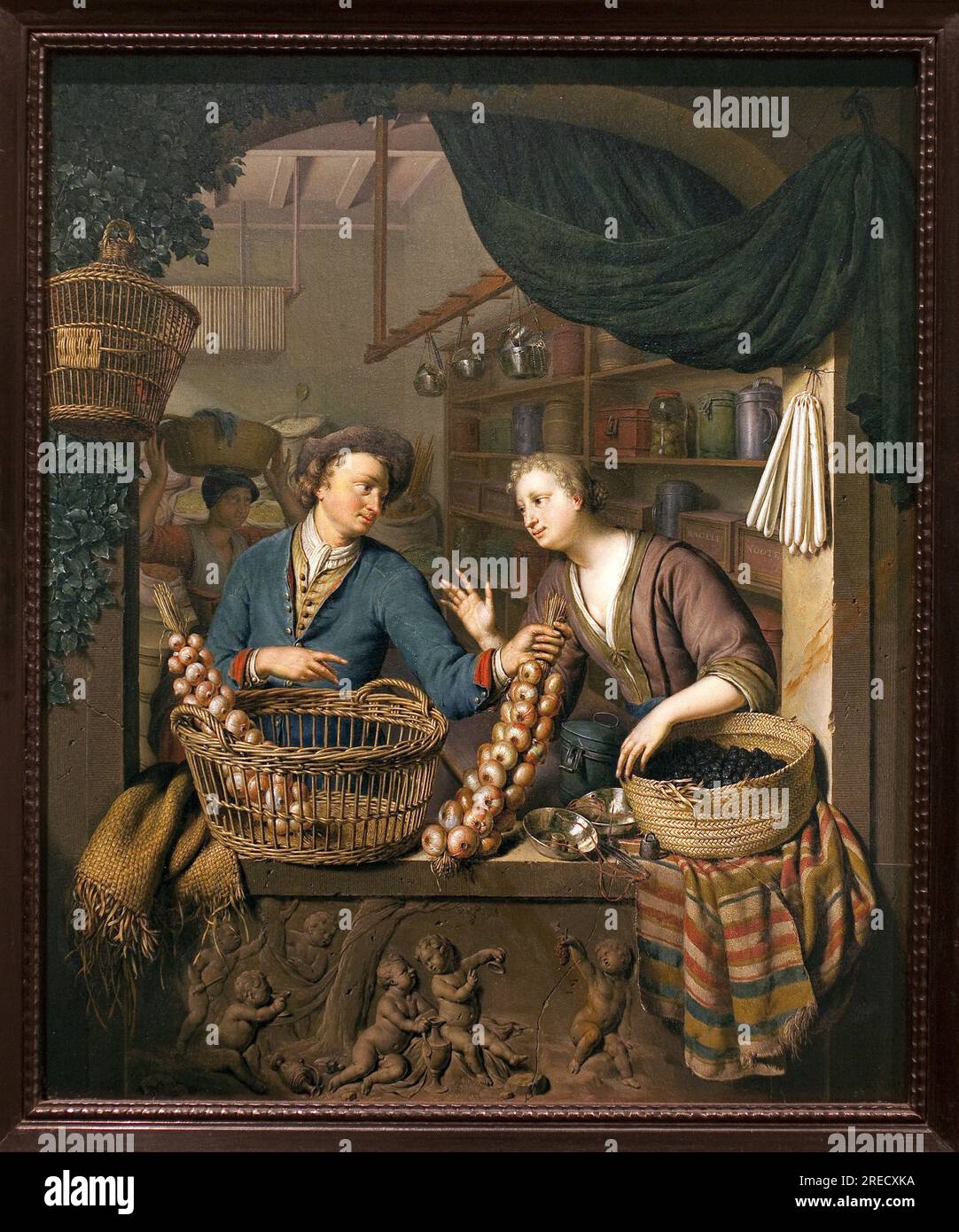 Vendeur d'oignons. Peinture de Willem van Mieris (1662-1747), huile sur bois, 1730. Art hollandais, 18e siecle. Musée des Beaux Arts de Niort. Banque D'Images
