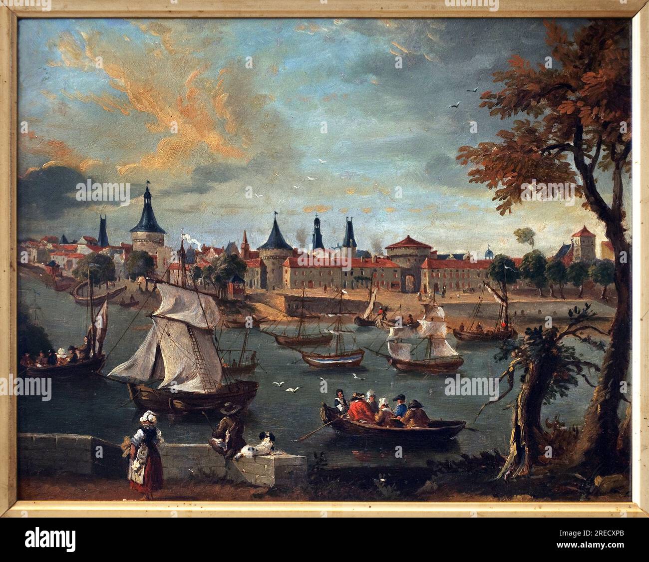 Le port de Libourne au 18e siecle. Oeuvre de Pierre Fournier (1740-1793), huile sur papier maroufle sur carton, 1778, 31,5 x 39 cm. Musée des Beaux Arts de Libourne. Banque D'Images