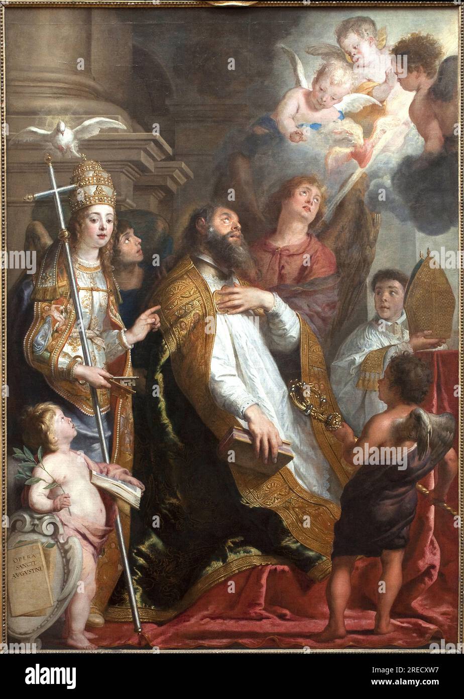 Saint Augustin d'Hippone en extase. Le saint s'evanouit en regardant un coeur aile en feu et entourage d'anges. A gauche, la colombe du Saint Esprit. Peinture de Gaspar de Crayer (1584-1669), art flamand 17e siecle. Huile sur toile. DIM. : 2,9x1,9m. Musée des Beaux Arts de Valenciennes. Banque D'Images