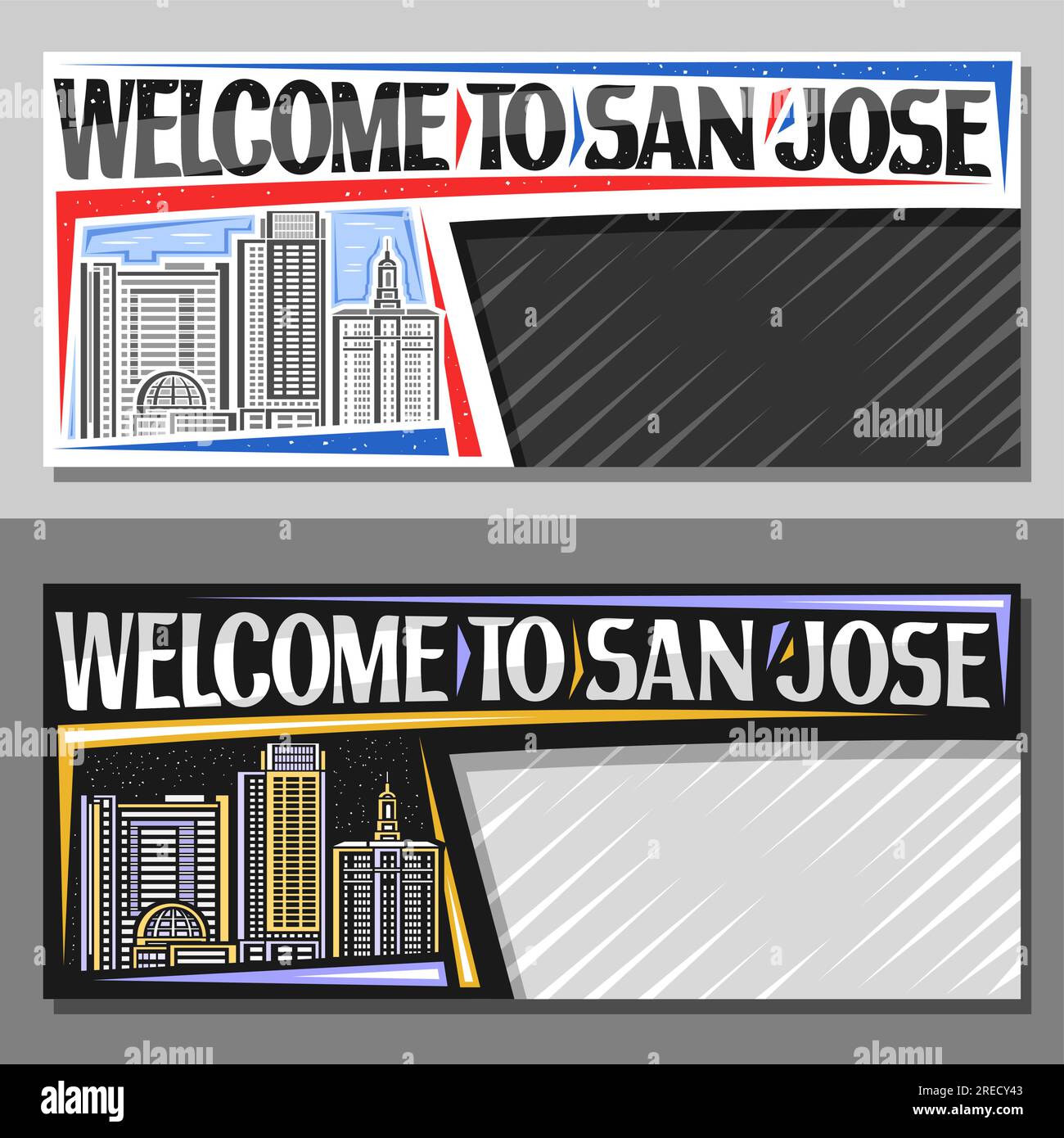 Mises en page vectorielles pour San Jose avec espace de copie, modèle décoratif avec illustration de ligne du paysage de la ville californienne sur fond de ciel de jour et de crépuscule, art. Illustration de Vecteur