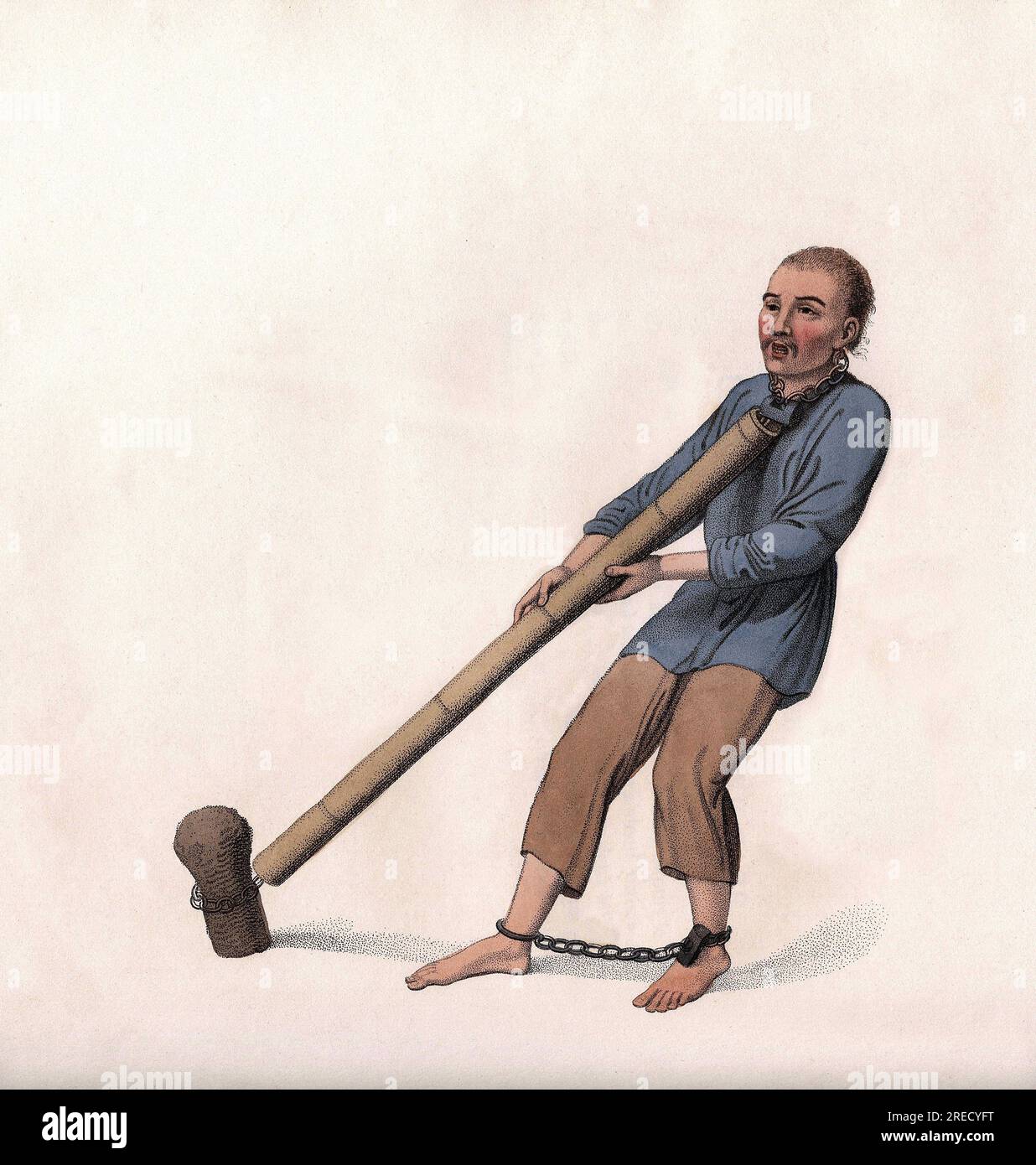 Chatiment corporel en Chine : l'accuse est enchaine par les chevilles tandis que son cou est enchaine a une chaine qui passe dans un long et long tube de bambou accroché a un pieu dans le sol. Gravure, dans 'les munitions des Chinois', 1801. Banque D'Images