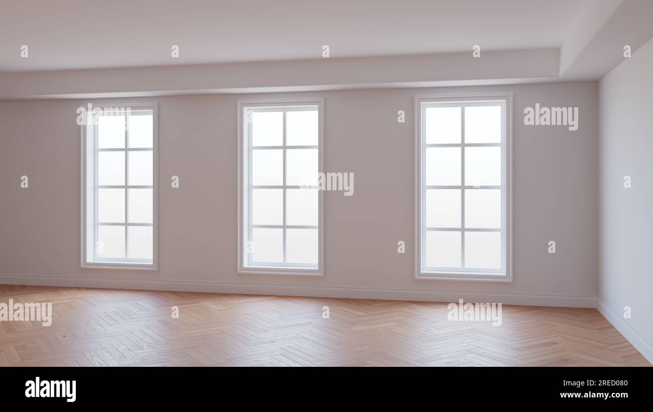 Intérieur avec murs blancs, trois grandes fenêtres, parquet à chevrons brillant clair et plinthe blanche. Beau concept non meublé de la Chambre. Illustration 3D, Ultra HD 8k, 7680x4320, 300 dpi Banque D'Images