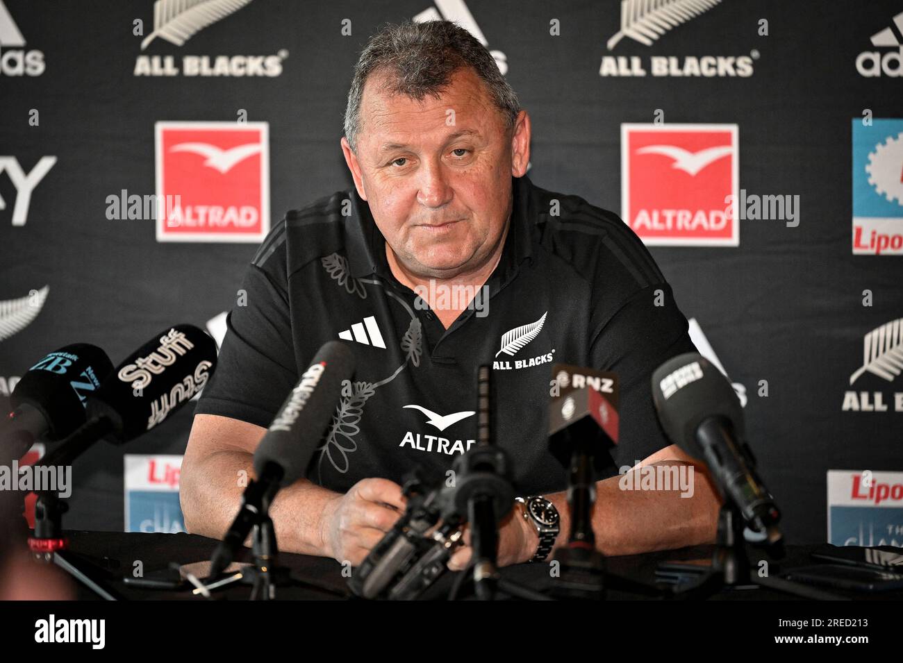 27 juillet 2023 : Auckland, Nouvelle-Zélande : l'entraîneur-chef Ian Foster lors d'une conférence de presse New Zealand All Blacks au Park Hyatt, Auckland, Nouvelle-Zélande le jeudi 27 juillet 2023 avant le match de championnat de rugby contre l'Australie. Banque D'Images