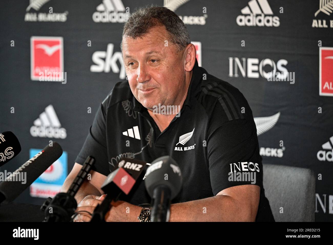 27 juillet 2023 : Auckland, Nouvelle-Zélande : l'entraîneur-chef Ian Foster lors d'une conférence de presse New Zealand All Blacks au Park Hyatt, Auckland, Nouvelle-Zélande le jeudi 27 juillet 2023 avant le match de championnat de rugby contre l'Australie. Banque D'Images