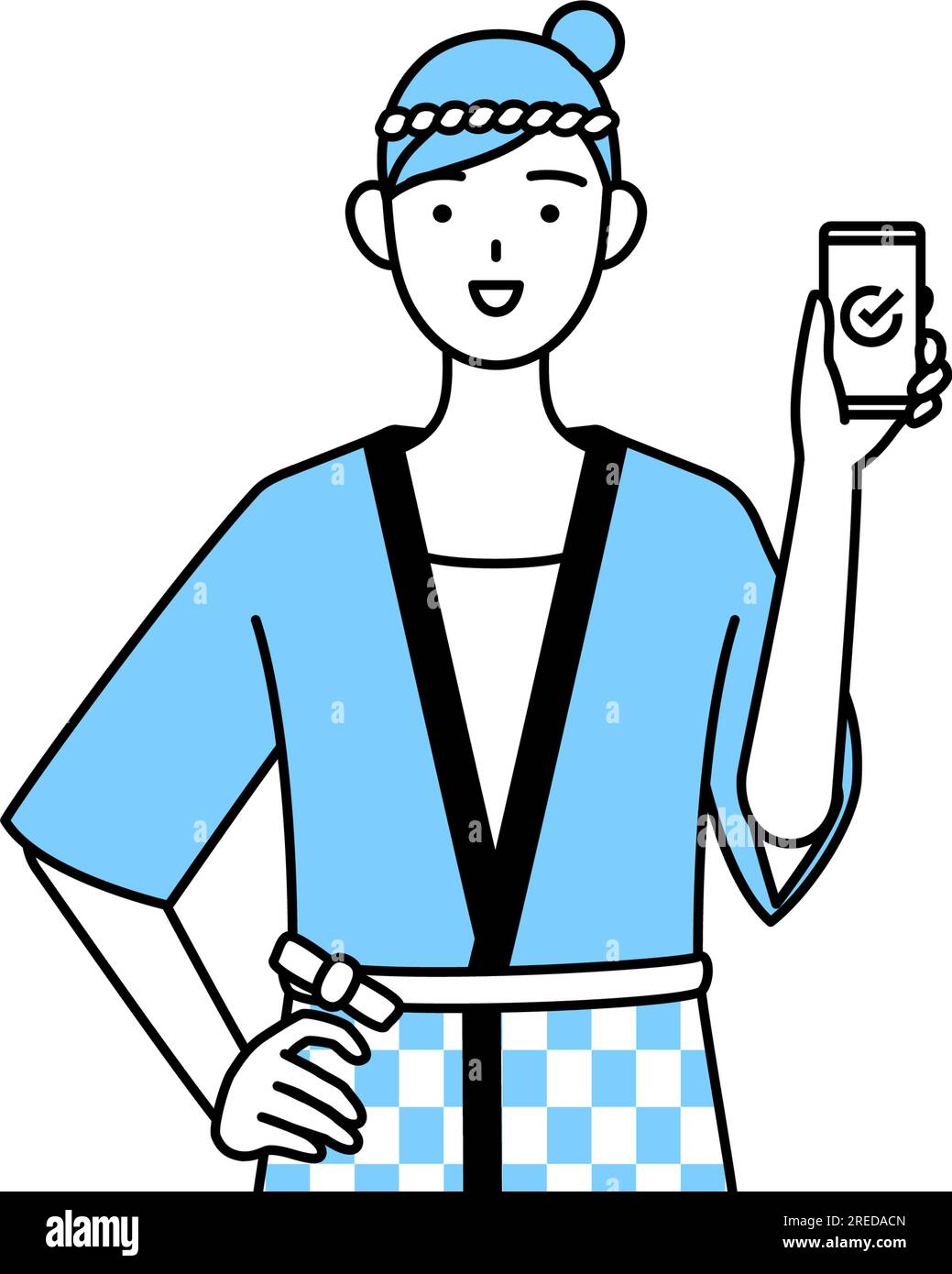 Femme portant manteau Happi pour les festivals d'été en utilisant un smartphone au travail, Vector Illustration Illustration de Vecteur