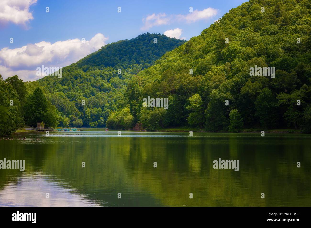 Vue sur le paysage du lac entouré de collines forestières à Steele Creek Park à Bristol, Tennessee, États-Unis Banque D'Images