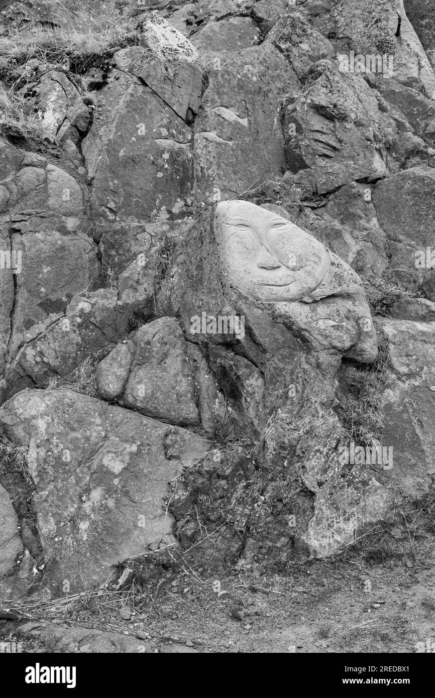 Visage, sculptures d'art rupestre, dans le cadre du projet Stone & Man de l'artiste local aka Høegh à Qaqortoq, Groenland en juillet - monochrome, noir et blanc Banque D'Images