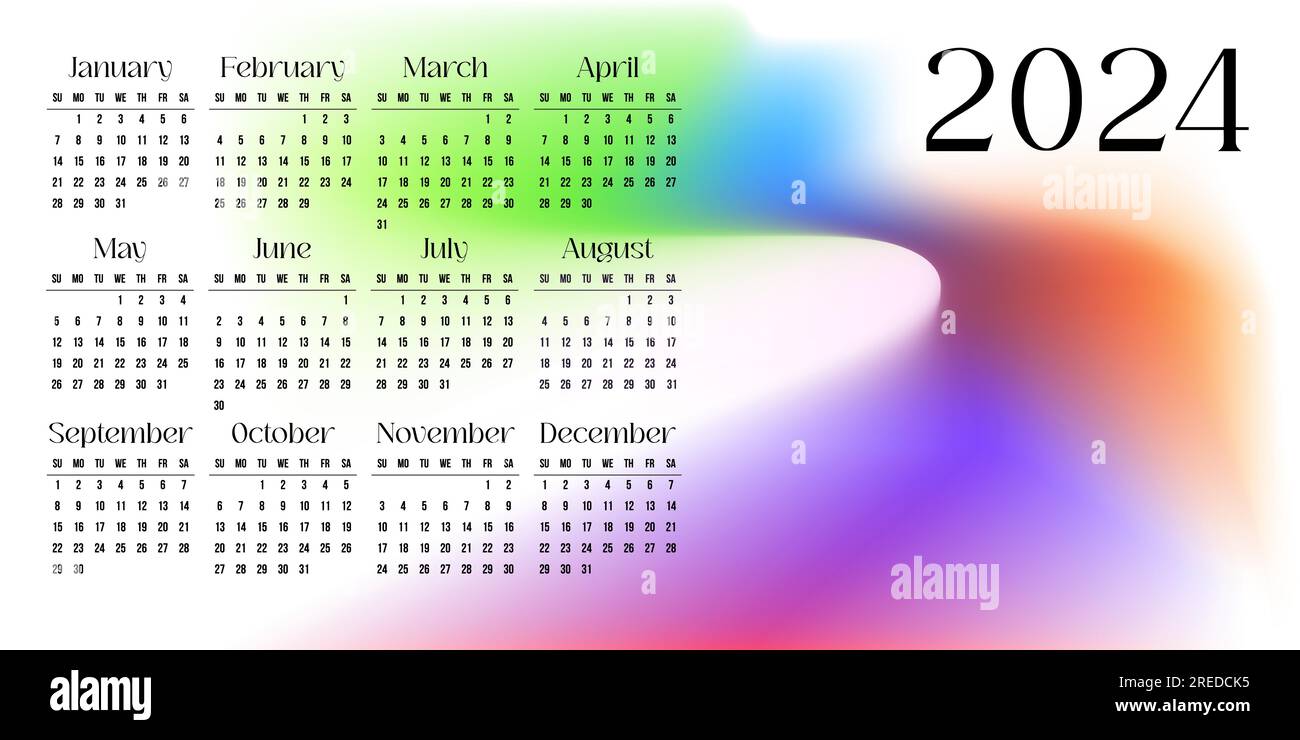 Calendrier 2024 annuel avec plusieurs dégradés de couleur