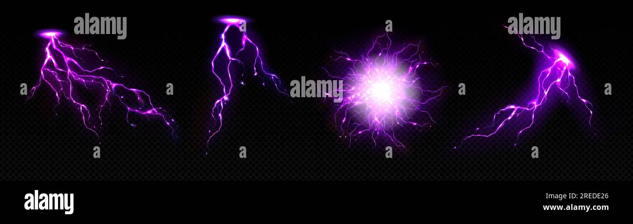 Ensemble réaliste de coups de foudre violets et boulons isolés sur fond transparent. Illustration vectorielle de l'effet de décharge d'énergie électrique, étincelles de coup de foudre, puissance de sort magique Illustration de Vecteur