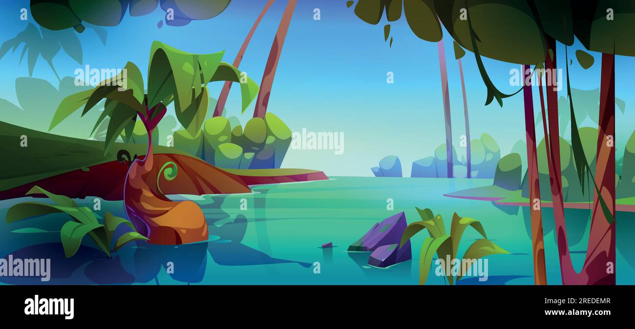 Fond de vecteur de scène d'eau de rivière de forêt de dessin animé. Lac dans la jungle avec palmier, pierre et Bush illustration de paysage tropical. Dessin de conte de fées d'aventure d'été avec fond d'écran climatique amazon Illustration de Vecteur