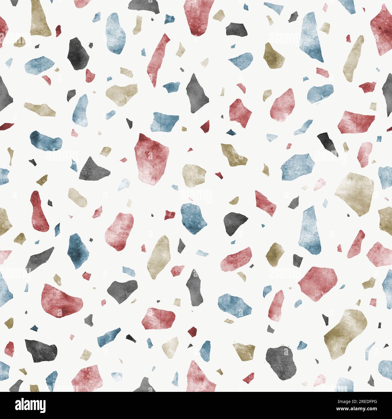 Motif sans couture italien abstrait terrazzo. Pierres multicolores dispersées texture décorative à l'aquarelle dessinée à la main. Vitrail cassé, forme colorée Banque D'Images