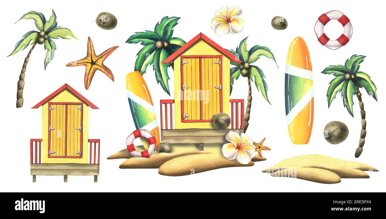 Une cabane de plage en bois, rayée avec une planche de surf, des noix de coco, une bouée de sauvetage sur une île tropicale. Illustration à l'aquarelle dessinée à la main. Ensemble de isolé Banque D'Images