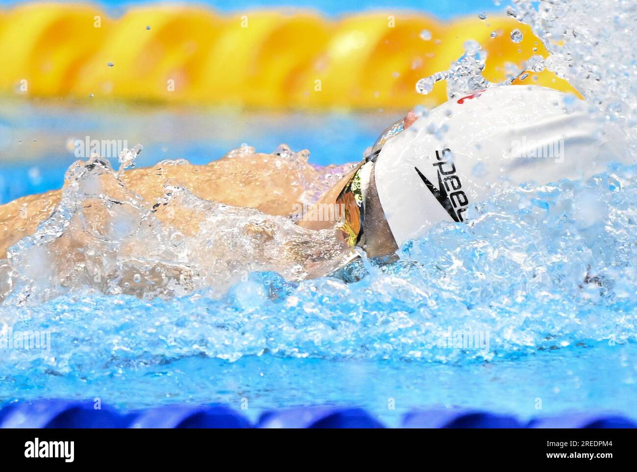 Fukuoka. 27 juillet 2023. Cheng Yujie, de Chine, participe à la demi-finale féminine du 100m nage libre aux Championnats du monde aquatiques à Fukuoka, au Japon, le 27 juillet 2023. Crédit : Xia Yifang/Xinhua/Alamy Live News Banque D'Images