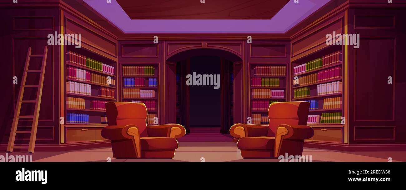 Bibliothèque à la maison avec des livres sur des étagères en bois et des fauteuils confortables. Illustration de dessin animé vectoriel de grande pièce meublée avec étagères et échelle. Collection de littérature vintage. Lieu pour le passe-temps de lecture Illustration de Vecteur