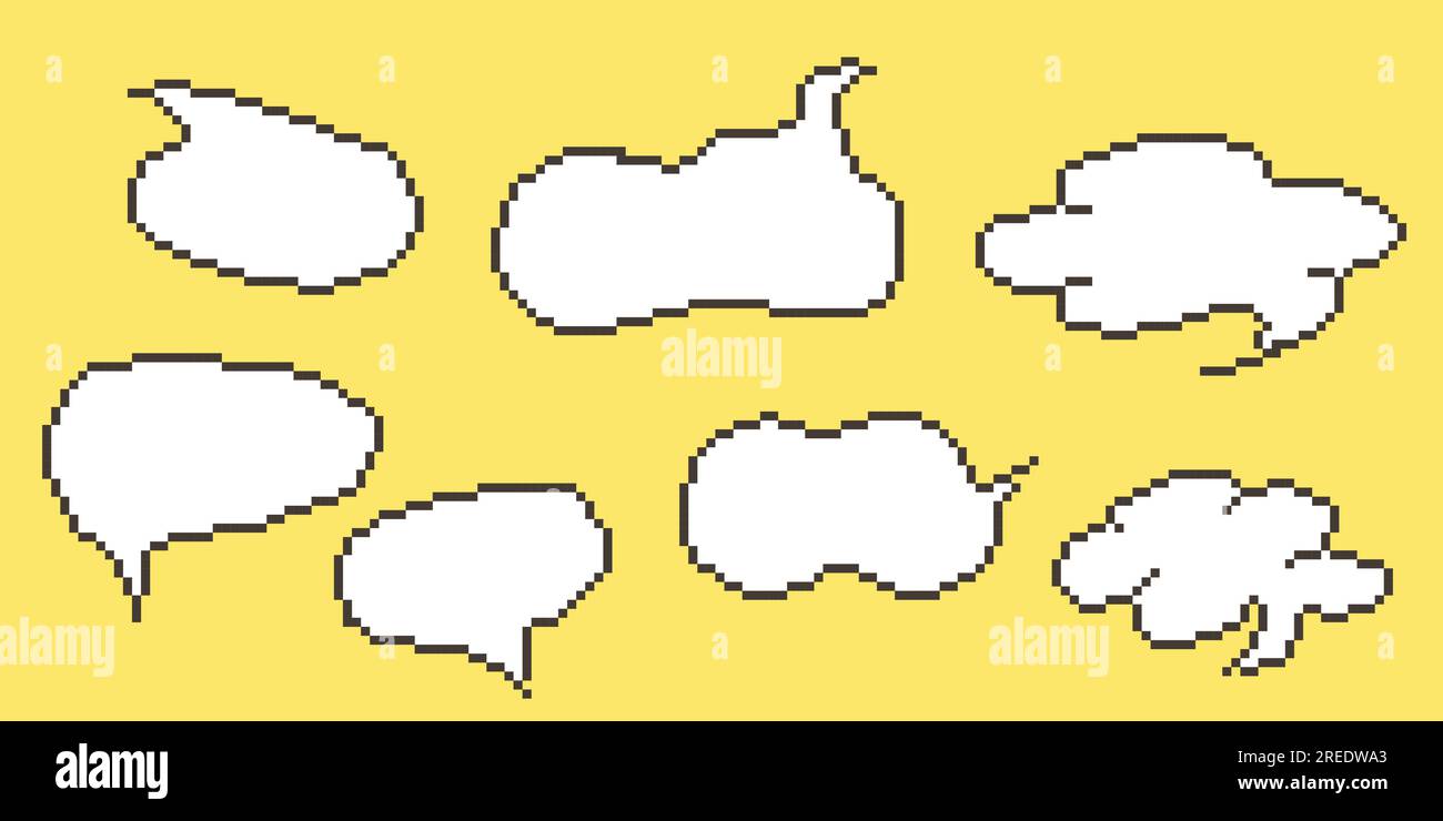 Bulles de parole pixel boîtes de dialogue graphique de collecte. Zone de texte ligne de jeu rétro 8 bits. Couleur jaune, noir et blanc barre de message pixelisée vide. Devis Illustration de Vecteur