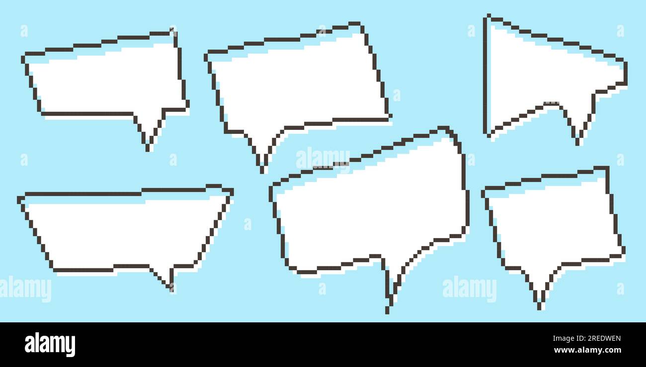 Bulles de parole pixel boîtes de dialogue graphique de collecte. Zone de texte ligne de jeu rétro 8 bits. Couleur jaune, noir et blanc barre de message pixelisée vide. Devis Illustration de Vecteur