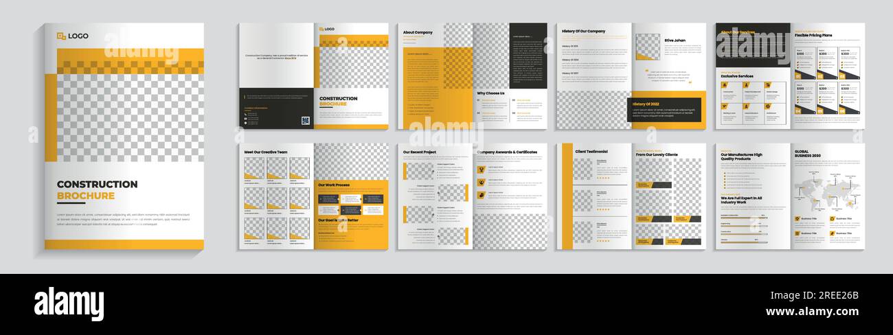 Modèle de conception de brochure de construction avec la couleur jaune et noire, conception de brochure immobilière, brochure de construction d'entreprise, proposition d'entreprise Illustration de Vecteur