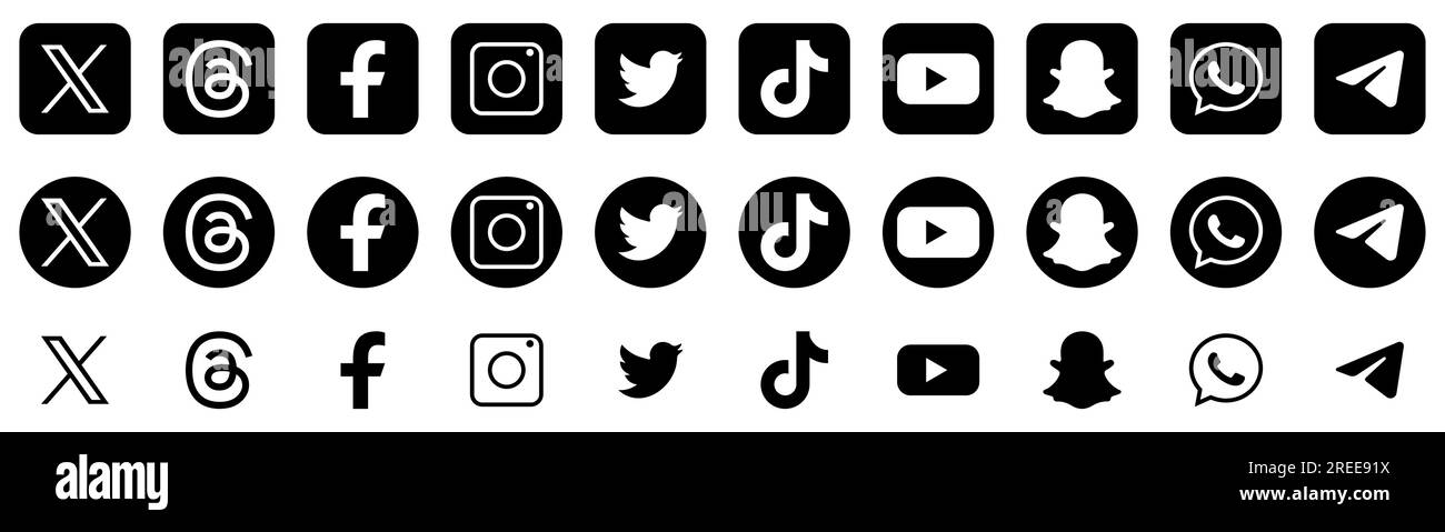 Twitter, threads, facebook, instagram, tiktok, youtube, snapchat, whatsapp, télégramme. Logos des médias sociaux. Icônes éditoriales Illustration de Vecteur