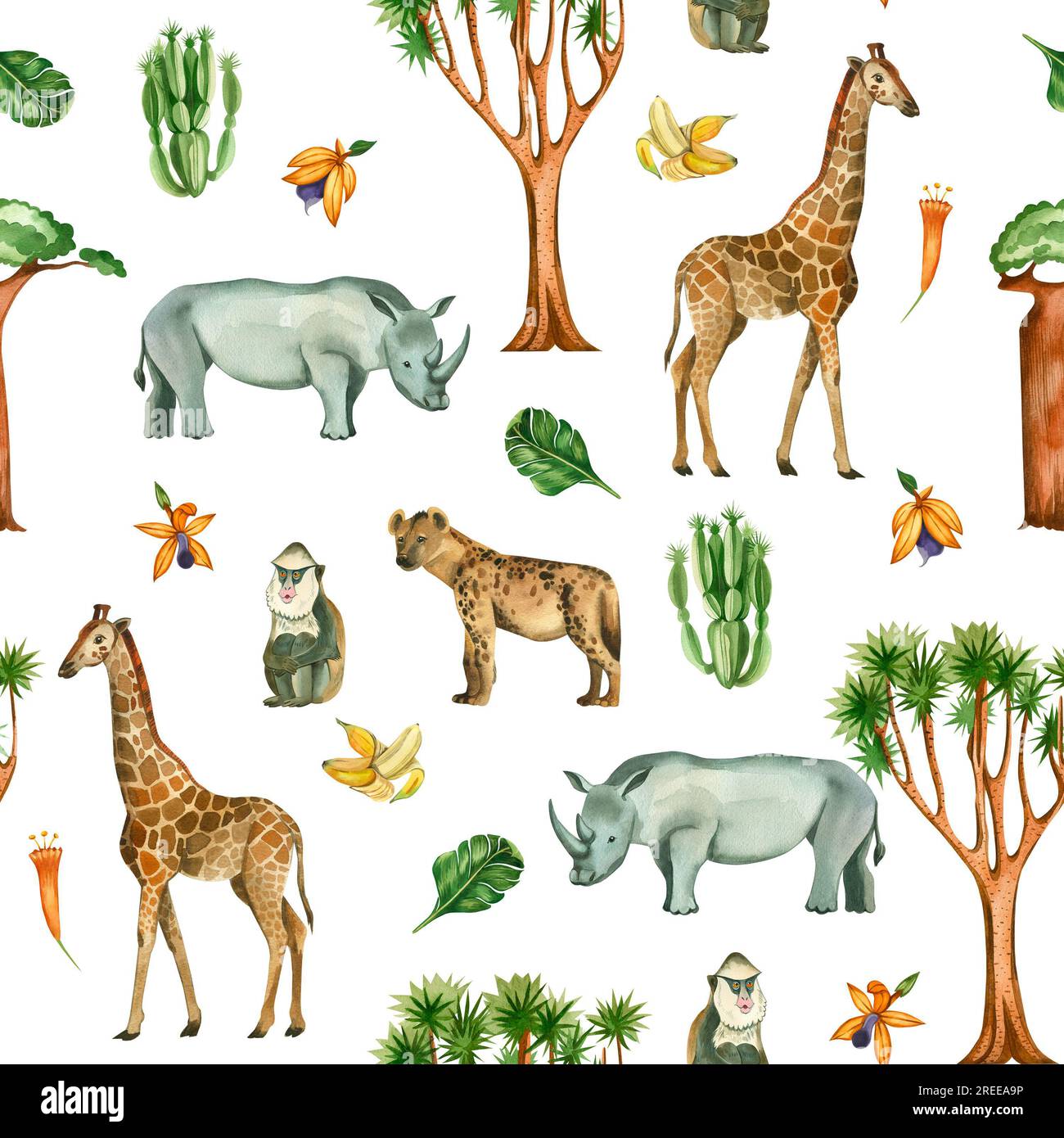 Motif sans couture sur un fond blanc. Girafe, rhinocéros, hyène tachetée, autruche, singes, arbres de jungle peints à la main à l'aquarelle. Banque D'Images