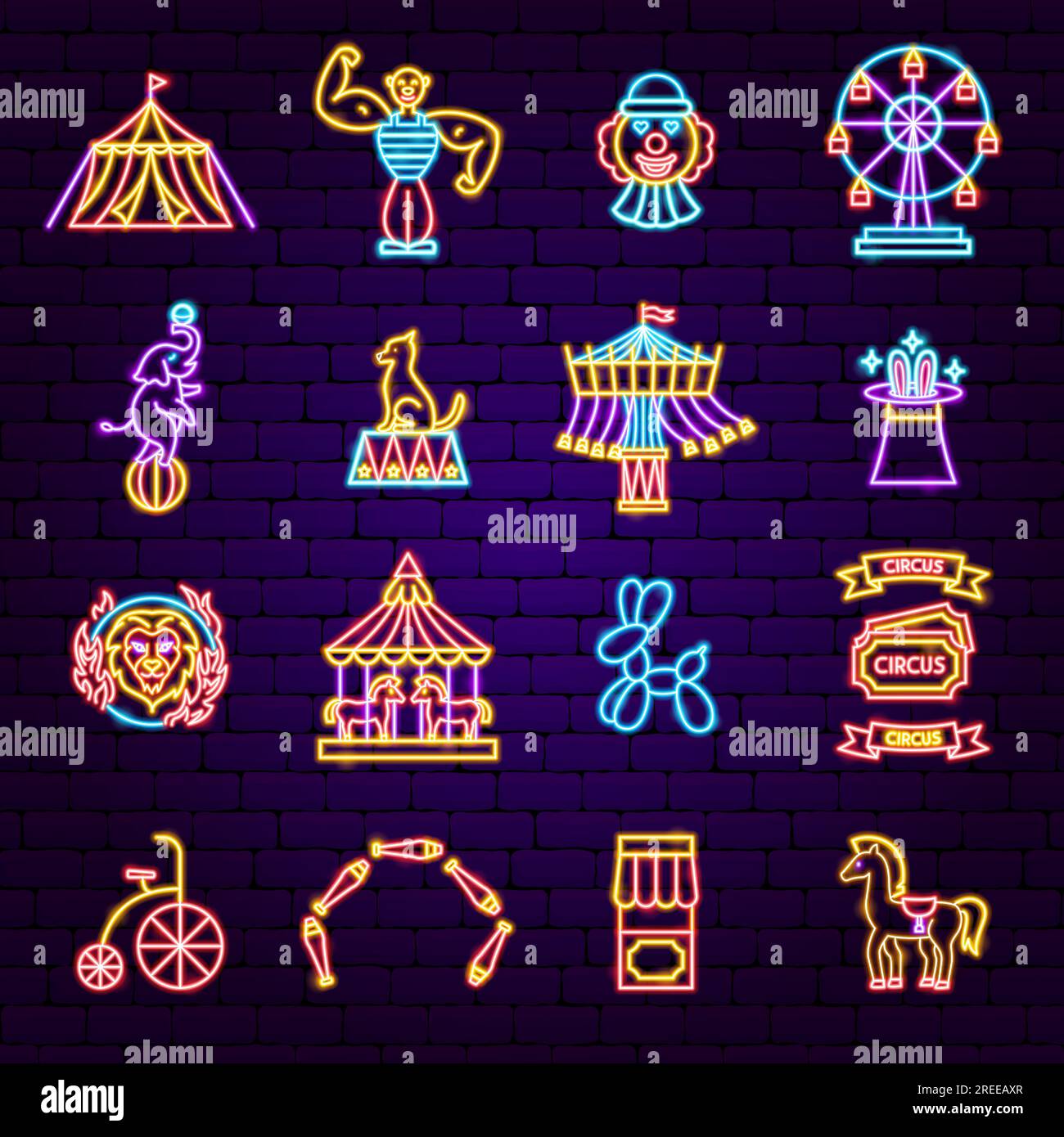 Spectacle de cirque Neon icônes Illustration de Vecteur