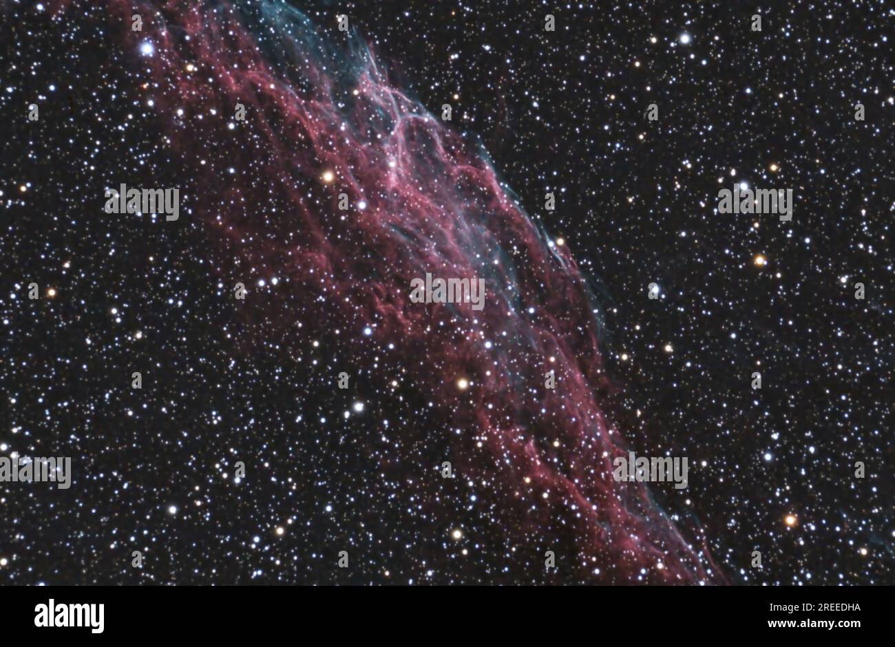 Une partie de la nébuleuse du voile (NGC 6992) est un vestige de supernova. Nuage de gaz chauffé et ionisé et de poussière dans la constellation du Cygne. Exposition longue, carte des étoiles Banque D'Images