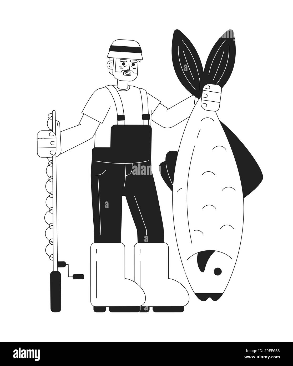 Vieux pêcheur tenant canne à pêche illustration de spot vectoriel de concept monochrome Illustration de Vecteur