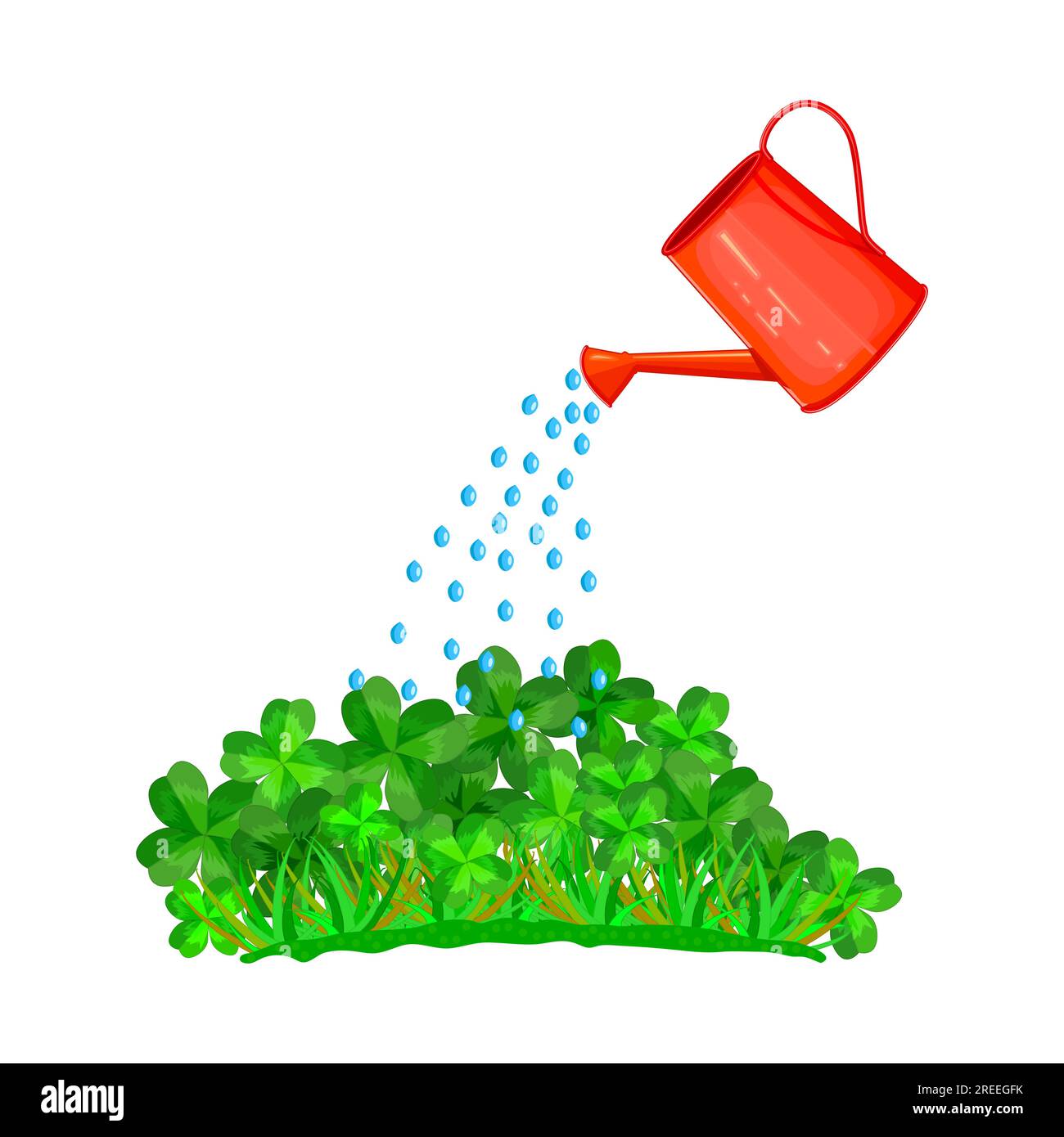 Herbe, trèfle et arrosage CAN.Jeune irrigation de pelouse. Arrosage, fertilisation et entretien du paddock. Arroser les plantes de l'arrosoir. Illustration vectorielle Illustration de Vecteur
