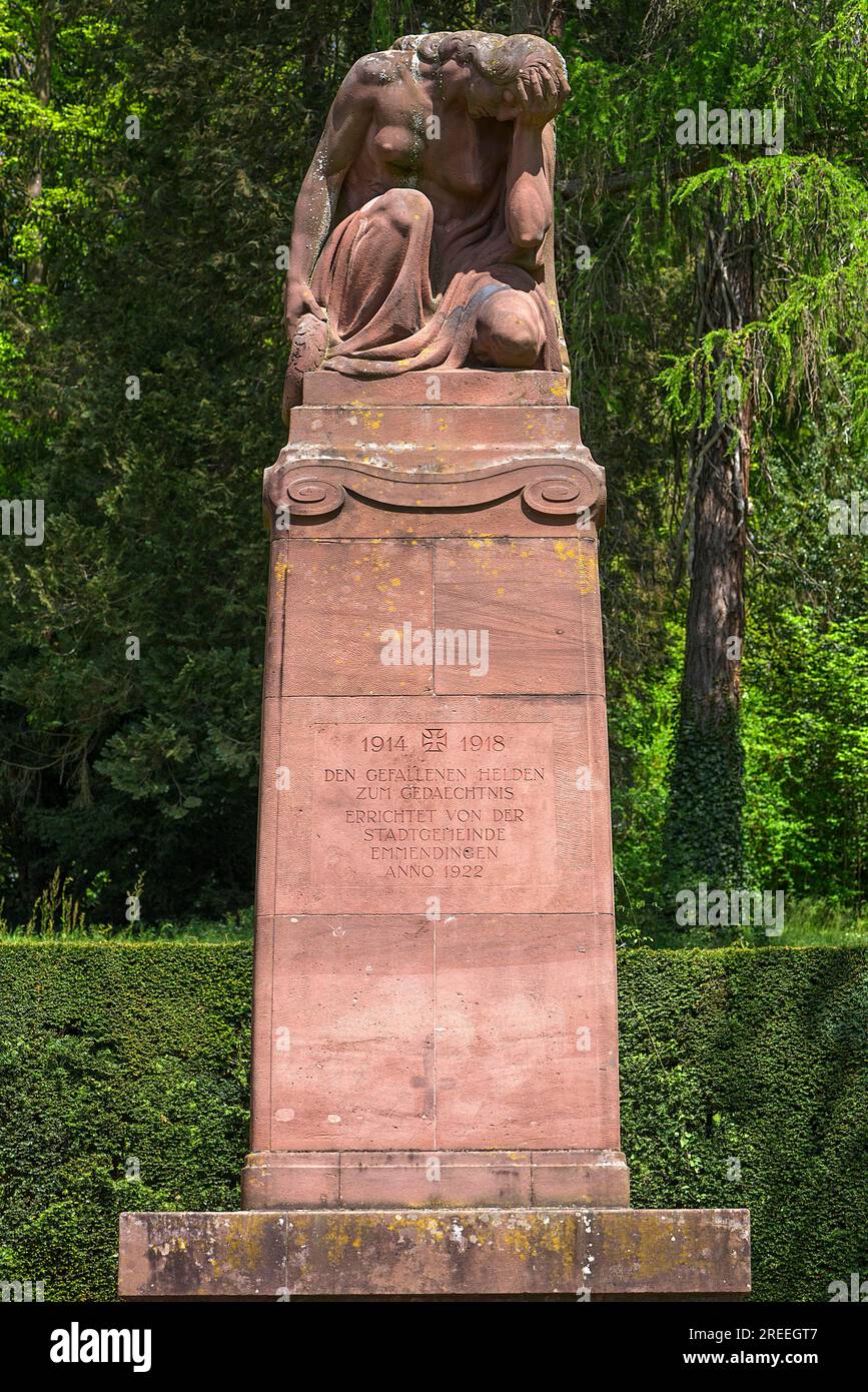 Mémorial de guerre pour les soldats tombés au combat de la première Guerre mondiale 1914-1918, Stadtgarten Emmendingen, Baden-Wuerttemberg, Allemagne Banque D'Images
