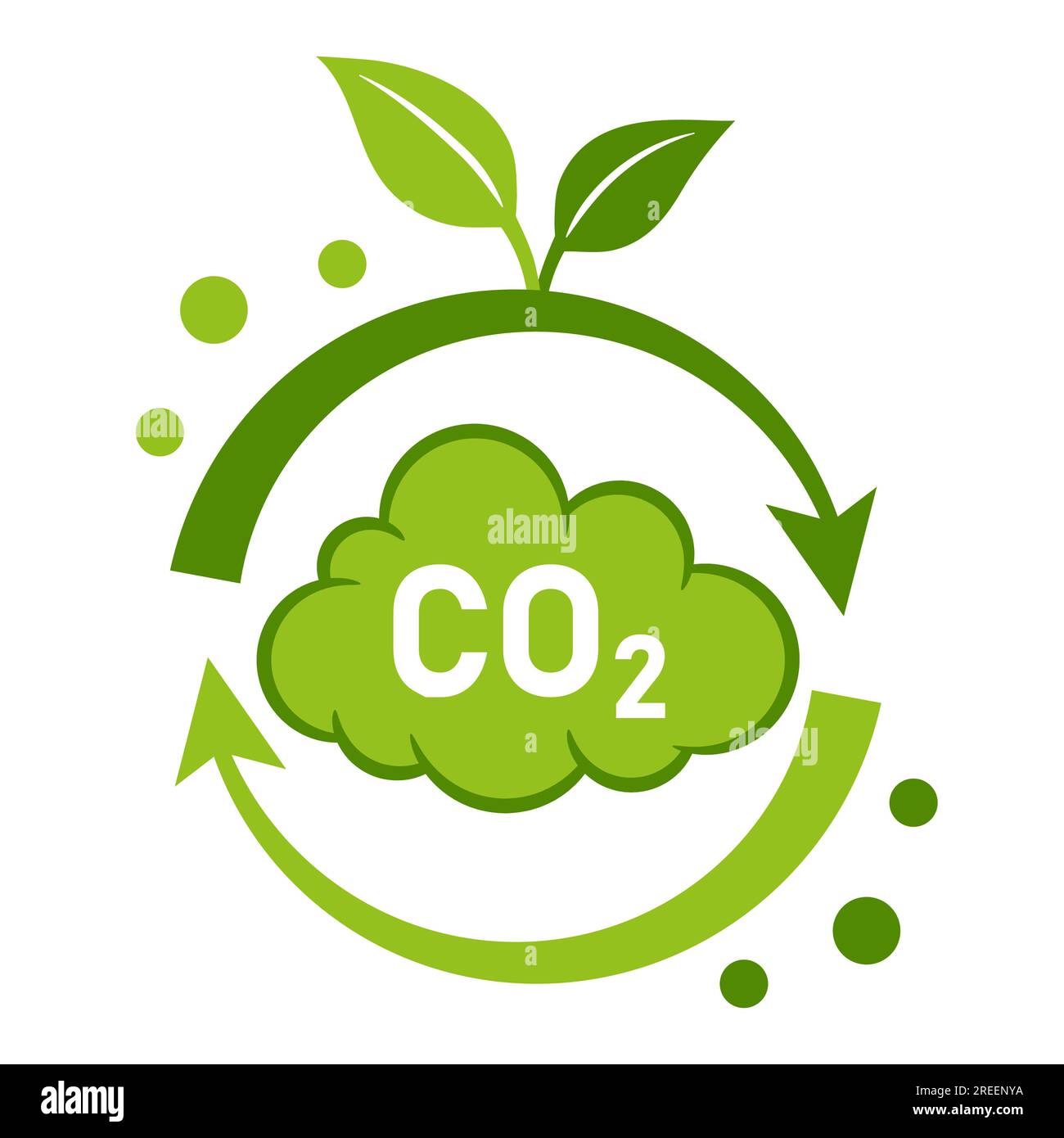 Recyclage du CO2, réduction des émissions de dioxyde de carbone, neutre en gaz à effet de serre, cycle carbonique dans les plantes vertes icône. Nuage de fumée. Faible pollution atmosphérique. Vecteur Illustration de Vecteur