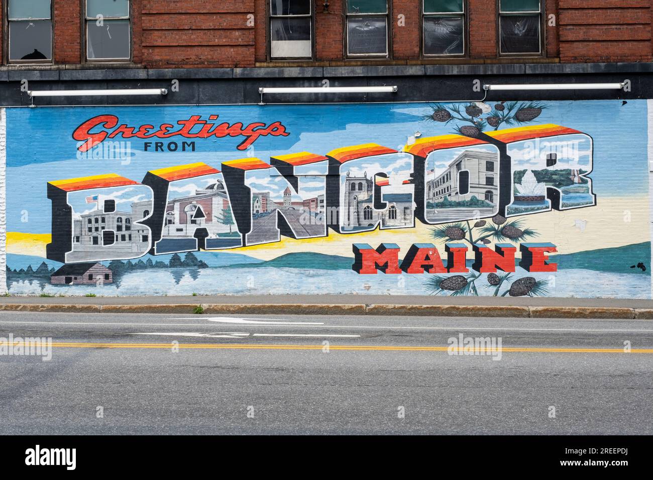 Bangor, Maine, USA- 19 juillet 2023 : Downtown 'Salutations from Bangor Maine panneau mural Banque D'Images