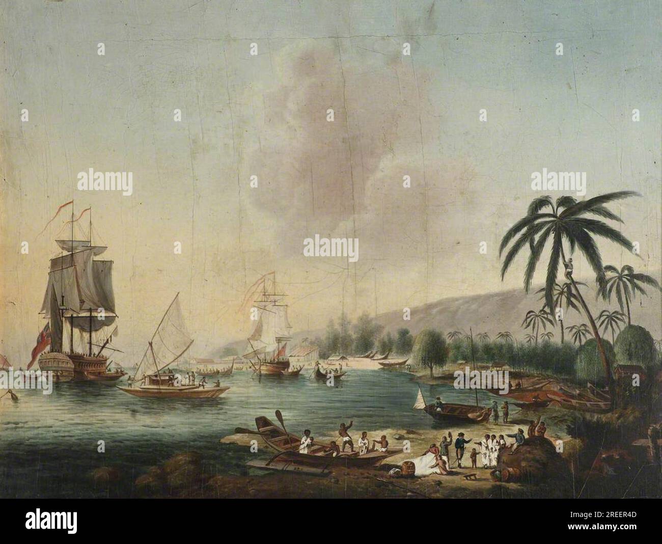 'Resolution' et 'Discovery' à Tahiti entre 1770 et 1790 par John Cleveley le Jeune Banque D'Images