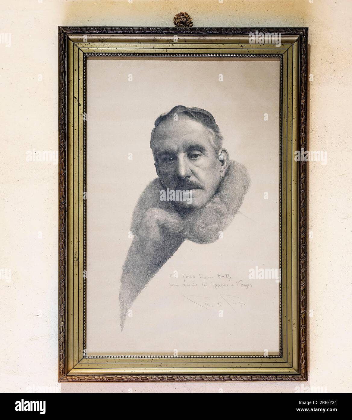 Portrait avec dédicace du compositeur Giacomo Puccini, lieu de naissance, Casa natale di Giacomo Puccini, Lucca, Toscane, Italie Banque D'Images