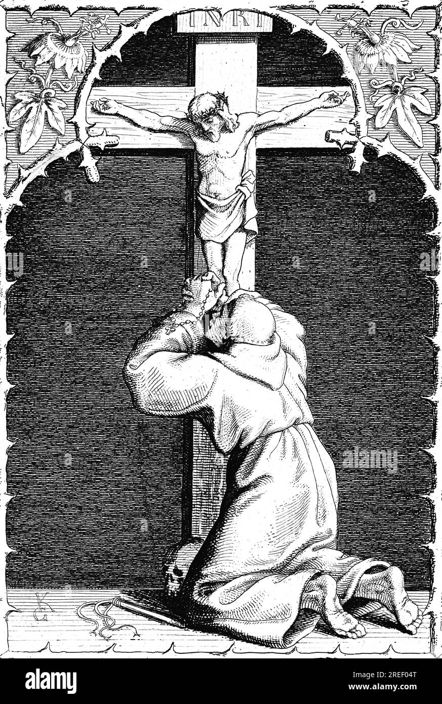 Martin Luther dans son auto-torture physique et mentale, Allemagne, INRI, inscription, crucifixion, Jésus, priez, âme, corps, pieds nus, 16e siècle Banque D'Images