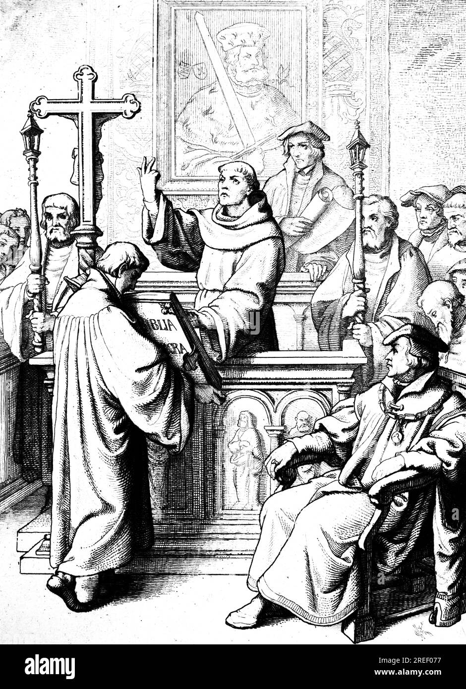 Martin Luther est solennellement conféré le degré de Docteur de l'écriture Sainte par Karlstadt en 1512, Allemagne, doctorat académique, croix, espace, cérémonie Banque D'Images