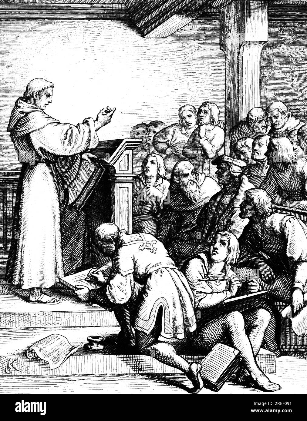 Martin Luther donnant des conférences philosophiques et théologiennes comme Baccasaureus en 1508, Allemagne, philosophie, théologie, conférence, public, chambre, prêche Banque D'Images
