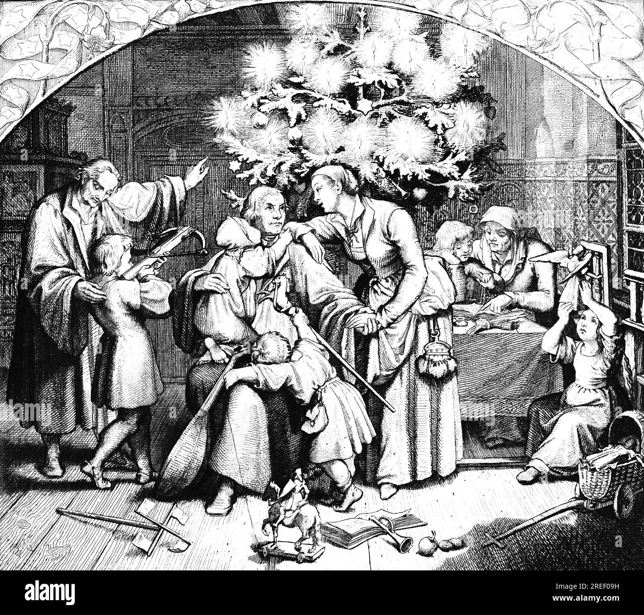 Les joies hivernales de Martin Luther avec sa famille, chambre, hiver, joie, Noël, arbalète, cadeaux, sapin, lumières, bougies, religion, enfants, femme Banque D'Images