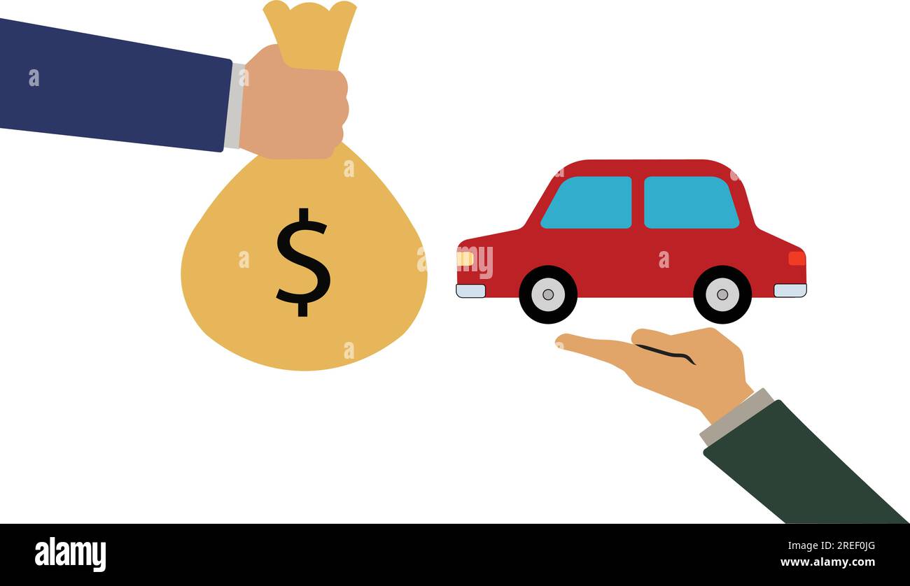 Main d'un acheteur donner sac d'argent à un concessionnaire automobile. Entreprise de prêt de voiture ou d'achat de concept de véhicule. Illustration de Vecteur