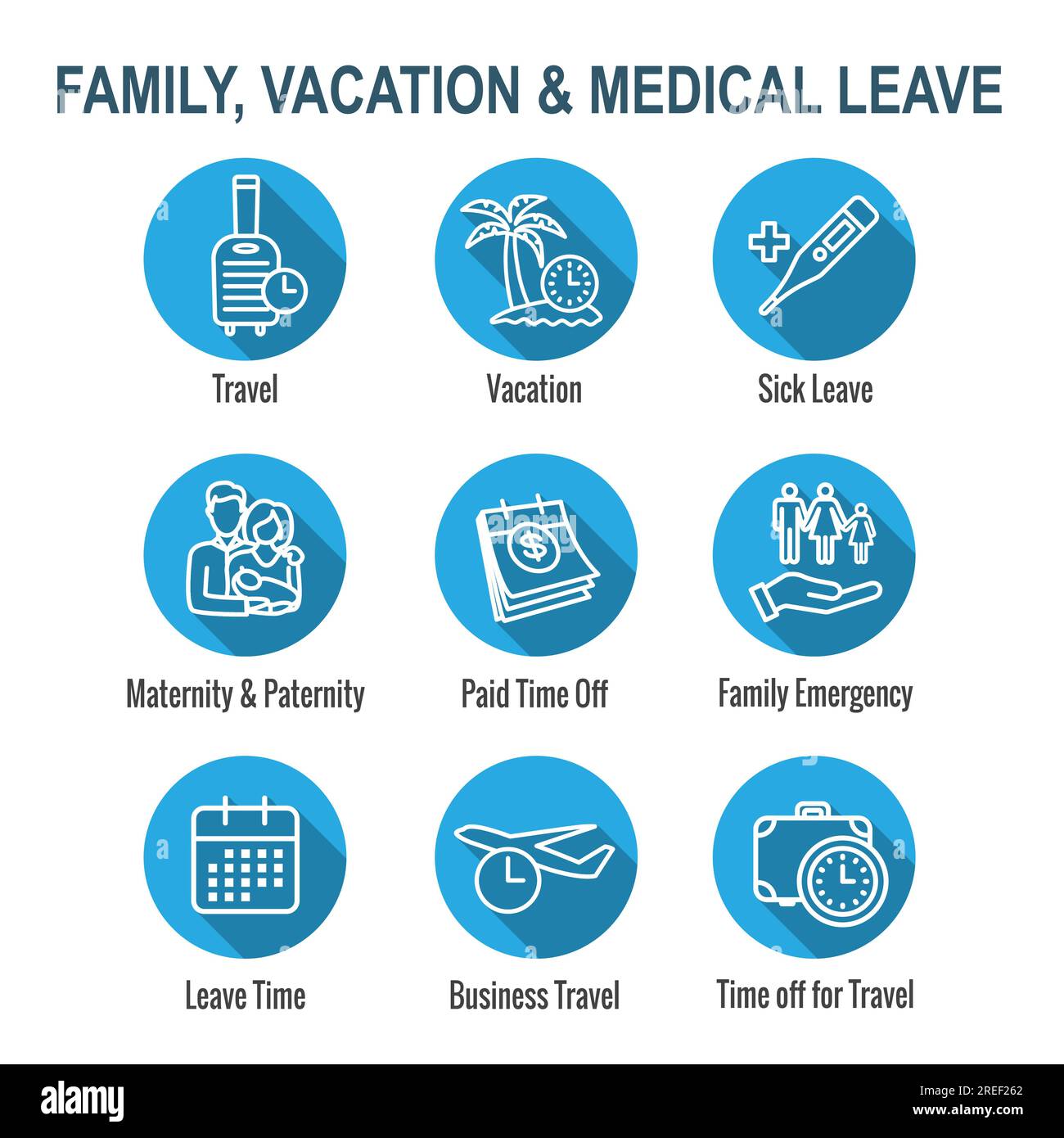 Prestations de congé familial payé - prestations de la FTP - congés de maladie, congés payés, prestations de vacances, décès dans la famille, maternité, congé de paternité, autre PTO Illustration de Vecteur