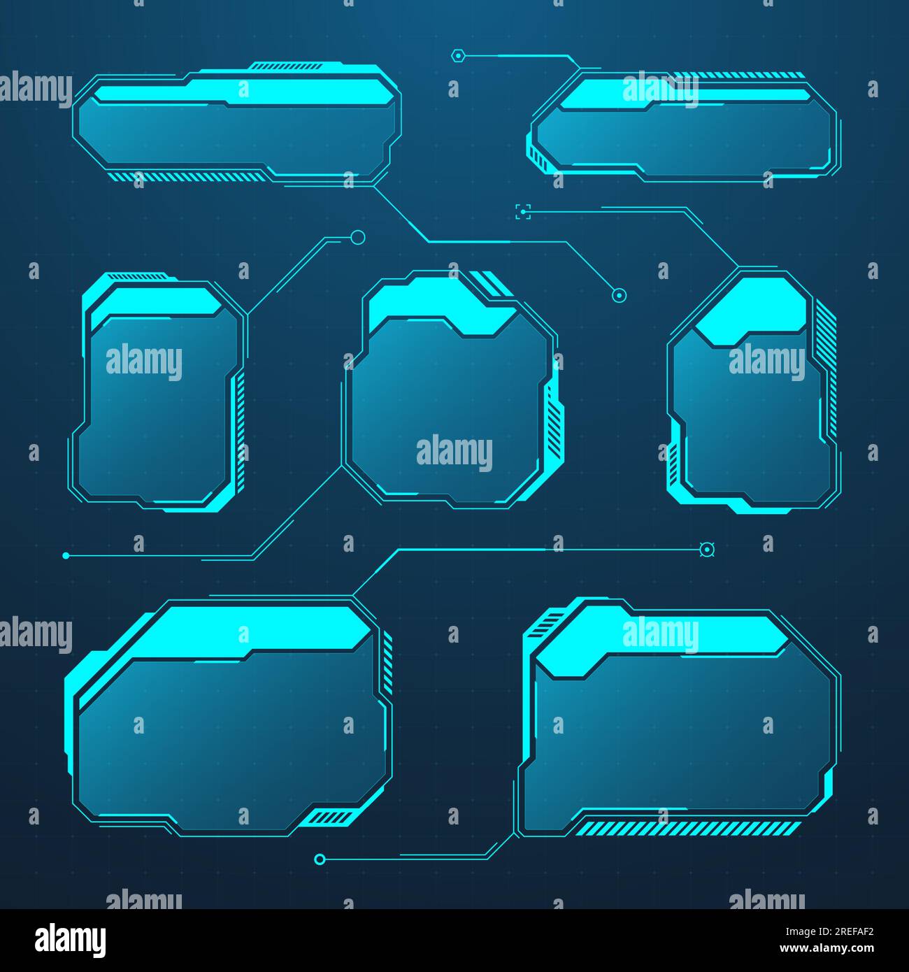 Éléments HUD ou UI futuristes bleus. Zones de texte et légendes de l'interface utilisateur SCI-fi. Cadres de message d'avertissement, modèle de zones d'information. Jeu moderne Illustration de Vecteur
