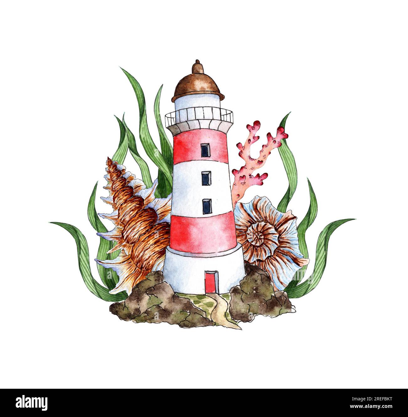 Illustration à l'aquarelle d'un phare de mer avec coquillages, algues et coraux. Composition pour affiches, cartes de vœux, bannières, dépliants, couvertures, affiche Banque D'Images