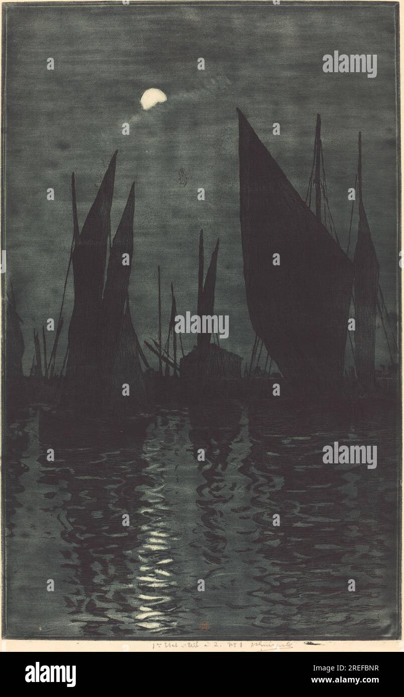 Henri-Charles Guérard, clair de lune dans le port de Dieppe, c. 1885, gravure en couleur et aquatinte sur papier posé, planche : 47,2 x 29,5 cm (18 9/16 x 11 5/8 po.) Assiette : 50,4 x 32,2 cm (19 13/16 x 12 11/16 po), donnée en mémoire de Thomas F. Hancock par sa famille et ses amis, 2002.106.1' Banque D'Images