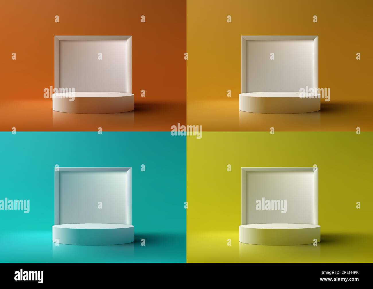 La maquette de podium blanche 3D est parfaite pour présenter vos produits. Il dispose d'un fond de couleur vive et d'un cadre carré en toile de fond. Illustration vectorielle Illustration de Vecteur