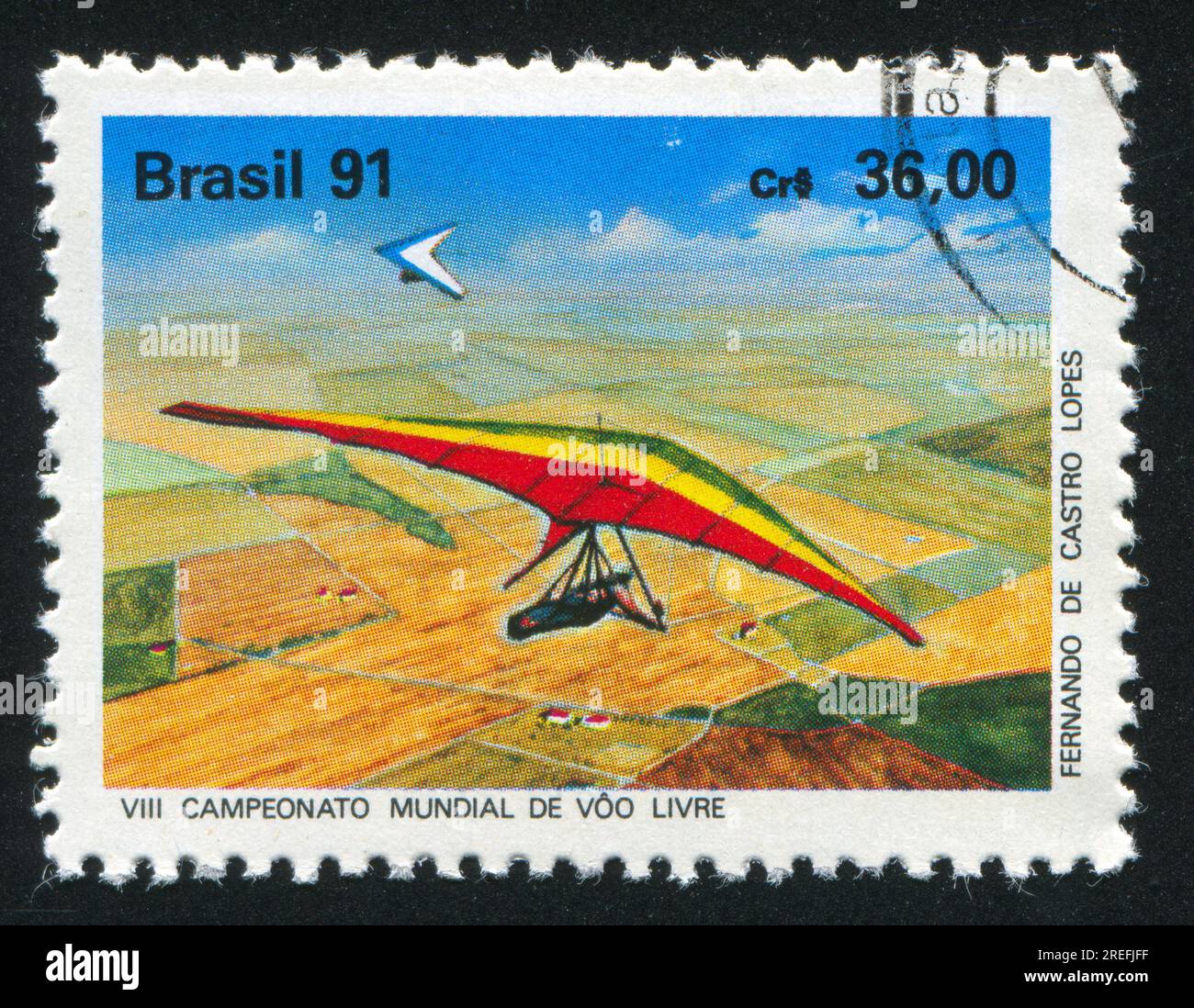 BRÉSIL - CIRCA 1991 : timbre imprimé par le Brésil, montre les Championnats du monde de Hang Gliding, circa 1991 Banque D'Images